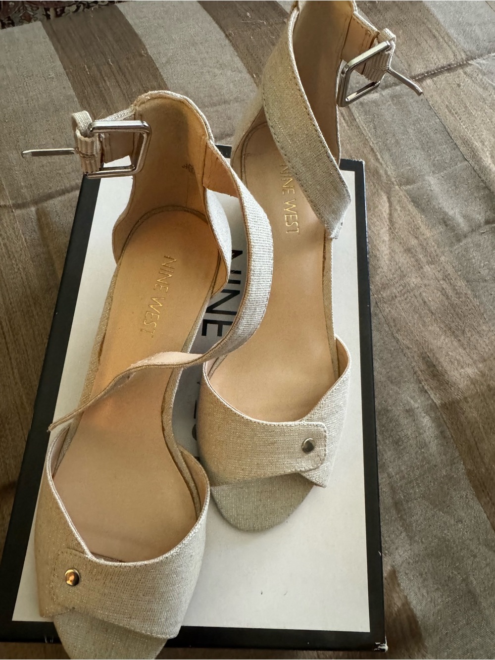 Nine West Beige Linen Ankle-Strap Heels